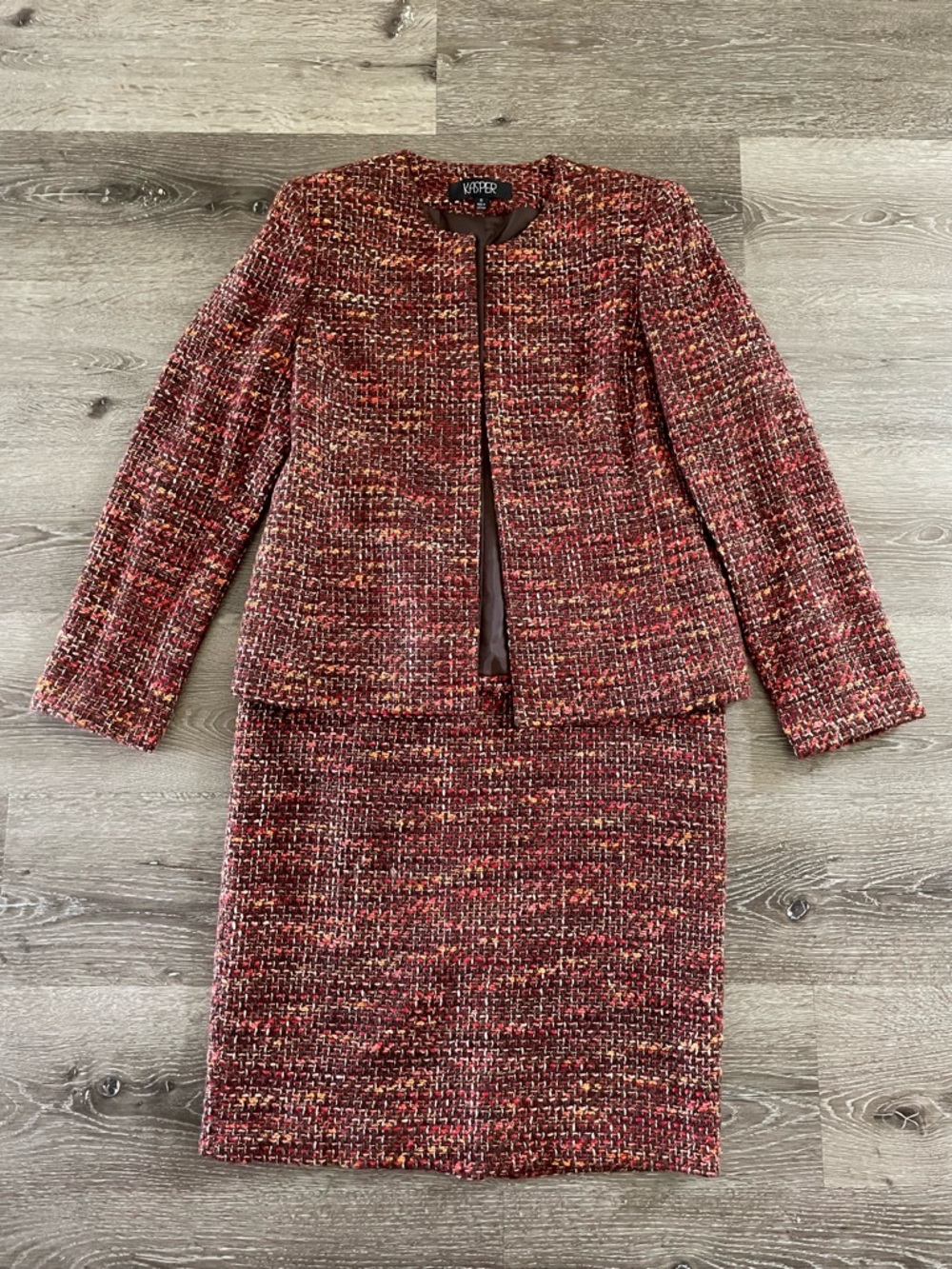Kasper Tweed Skirt Suit - Classic Women's 10 Two-Piece brown/ orange Academia